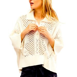 Free People Women's To The Point Cotton Crochet Polo Shirt | Optic White | XL